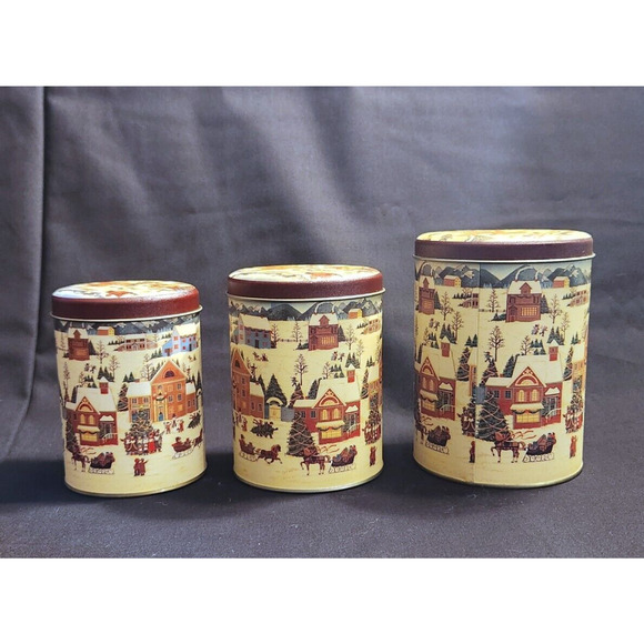Unknown Other - Christmas Tins with Snow Town Scene Looks New 3 pc 5 1/2", 5", 4 1/2"